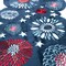Festive flowering fireworks printed table linen, 14"x42" cutwork runner, blue, easy-care fabric.